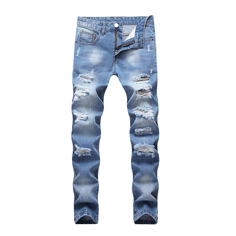 

2021 New Spring Light Blue Ripped Jeans Straight-leg Men's Male Slim Trousers Trend Men Scratched Beggar Pants 1cg2