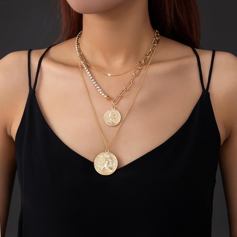 

Chokers Wholesale Fashion Necklace Jewelry Retro Creative Rhinestone Stitching Plaid Chain Coin Round