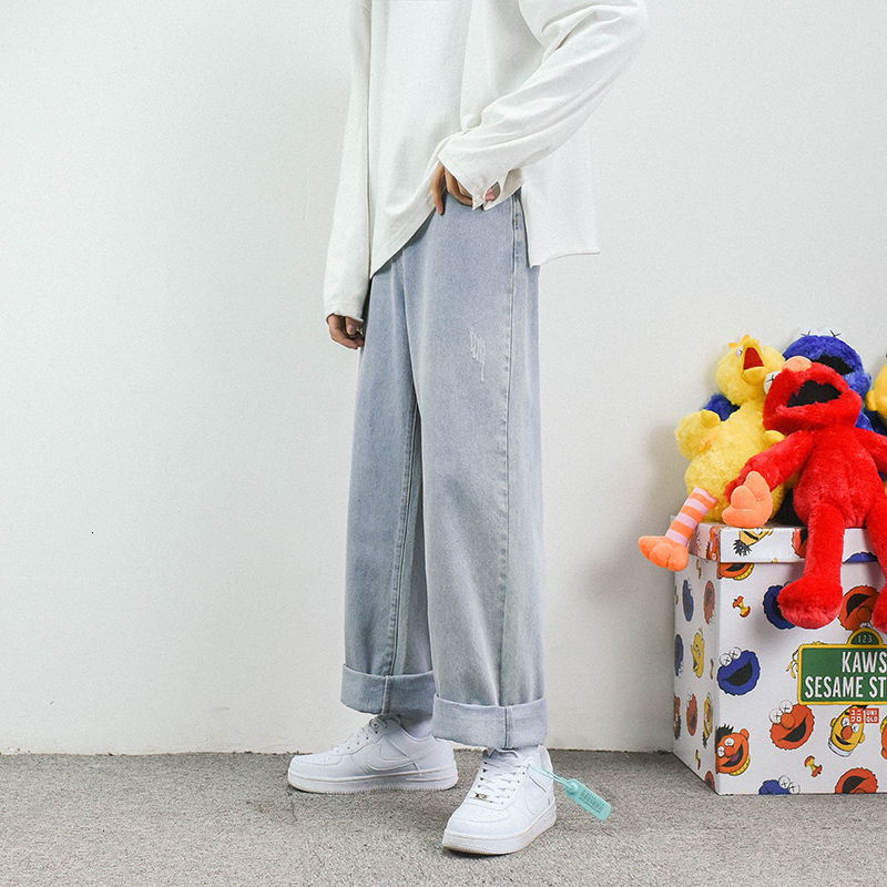 

2021 New Wide-leg Men's Fashion Retro Casual Light Blue Jeans Men Streetwear Wild Hip-hop Straight Denim Pants Mens Aqp3