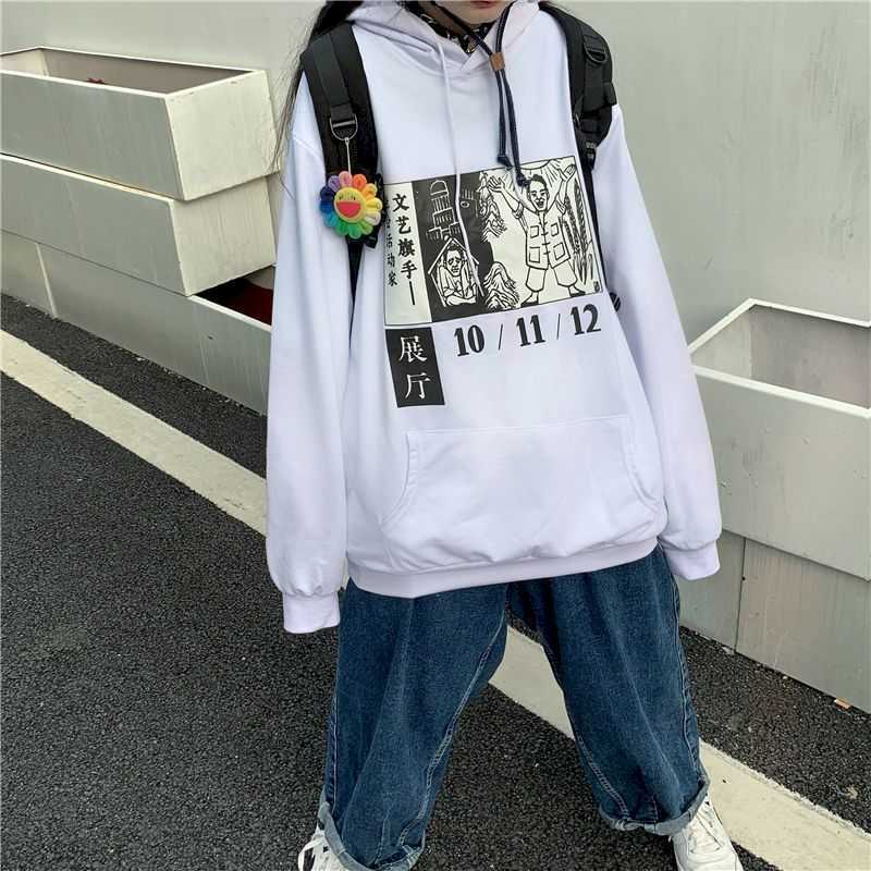 

hoodies women sweatshirt cartoon anime print hooded loose long-sleeved sweater jacket thin student Hong Kong style 210526, White