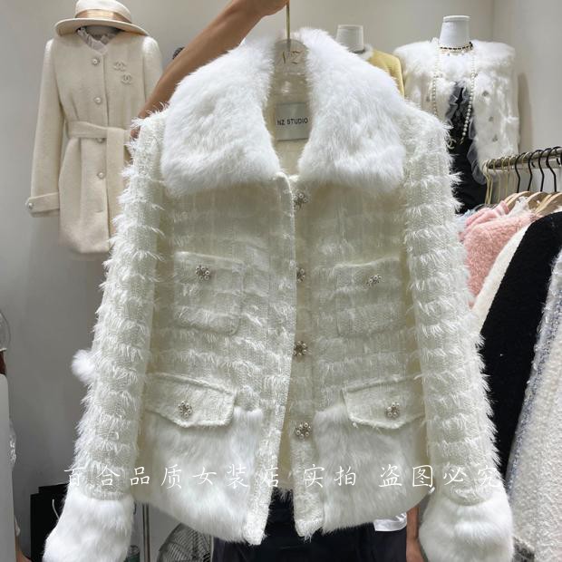 

2021 Fashion design women's elegant rabbit fur collar patchwork tweed woolen tassel fringe cotton-padded thickening jacket coat SML, Black;brown