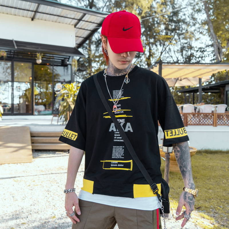 

2021 New Camisa Hip Hop Coreano Vero Masculino Topos Streetwear Casual Harajuku Japons De Rua Carta t Camisas I0x9, Black