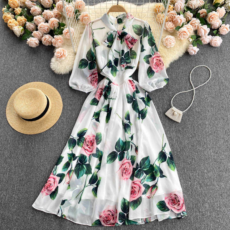 

White Floral Printed Long Dress Women Bow Collar Puff Sleeve A-Line Chiffon Vestidos Spring Autumn Casual Robe Female 2021 New Y0603