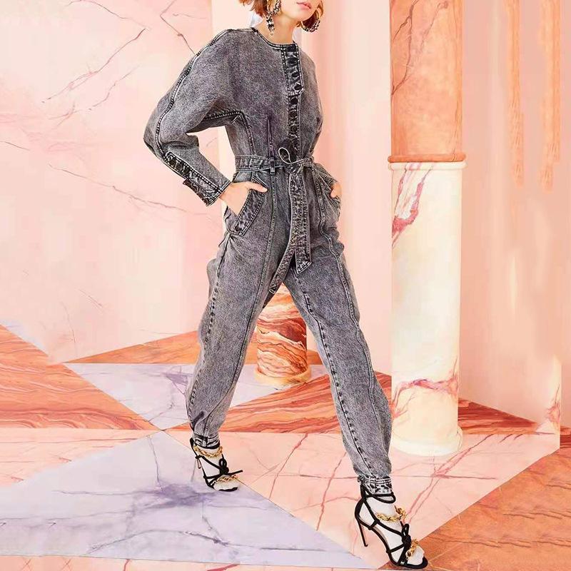 

Women' Jumpsuits & Rompers 2021 Denim Jumpsuit For Women Spring Fashion Retro Round Neck Long Sleeve Waist Strap Straight High, Cn2387