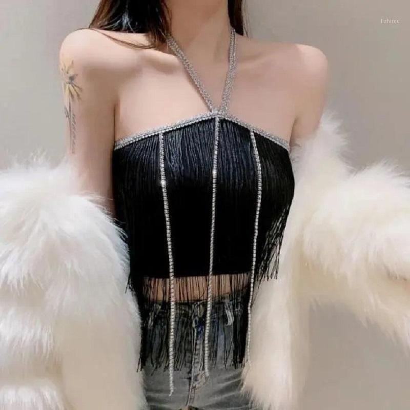 

Camisoles & Tanks 2021 Heavy Industry Tassel Rhinestone Chain Sexy Fashionable With Chest Pad All-match Sling Top Women, Black