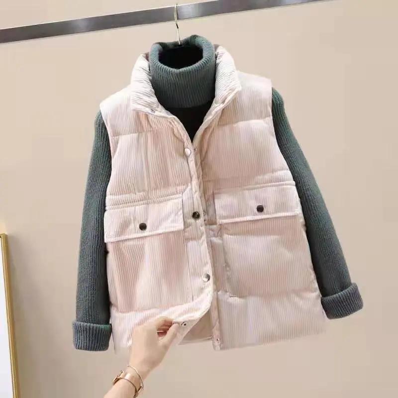 

Women' Vests Corduroy Sleeveless Jacket Vest Autumn Winter Stand Collar Padded Short Female 2021 Waistcoat Windproo Women Coat, Black