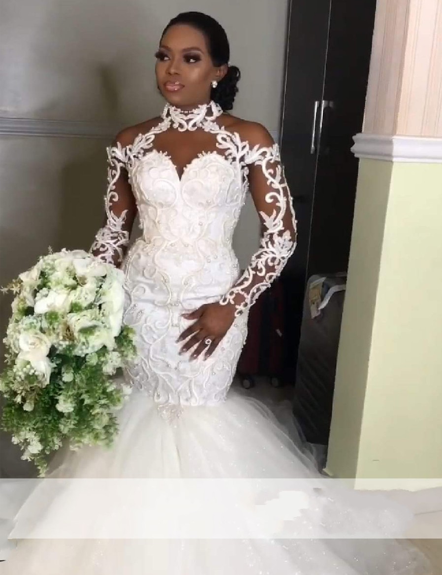 

New African Mermaid Wedding Es 2021 Elegant Halter Illusion Long Sleeves Lace Appliques Beads Bridal Gowns Vestido De Mariee 0ajy, White