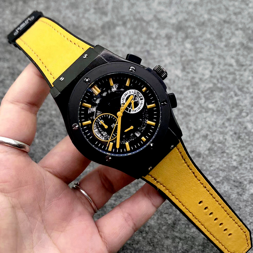 

7-Men stopwatch wristwatch 40 mm quartz movement, date calendar all work dial leather strap watch men's outdoor sports business, 20