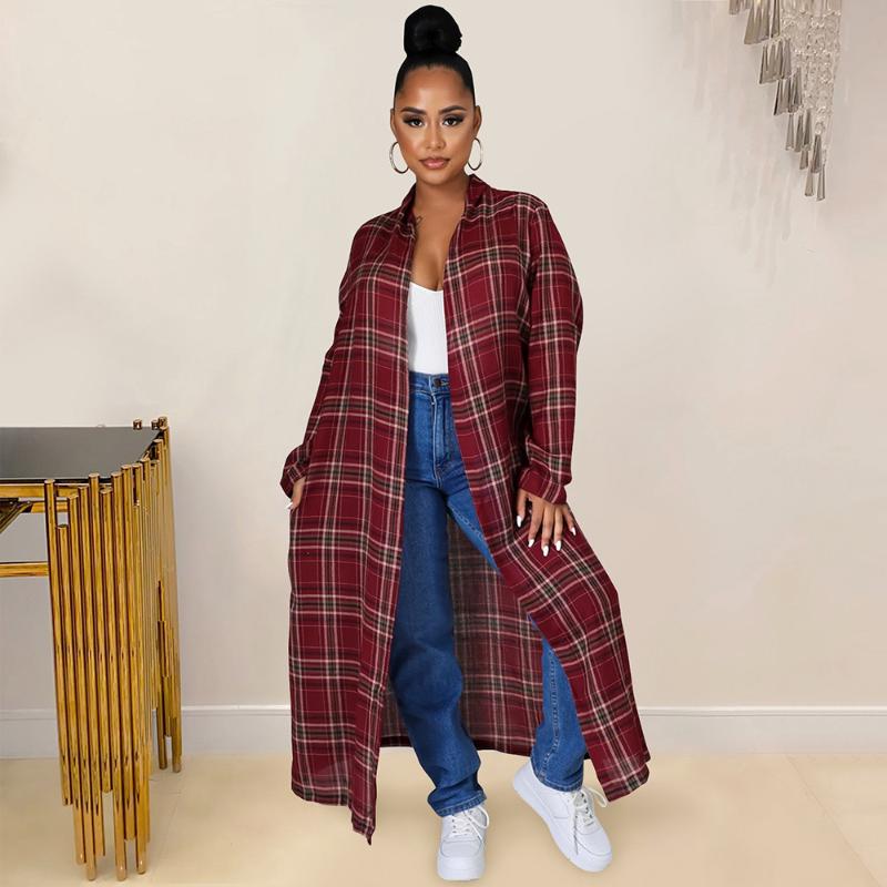 

Women's Trench Coats Classic Fashion Plaid Print Cardigan Casual Turn Down Collar Full Sleeve Open Stitch Streetwear Straight Loose Outerwea, Tan;black