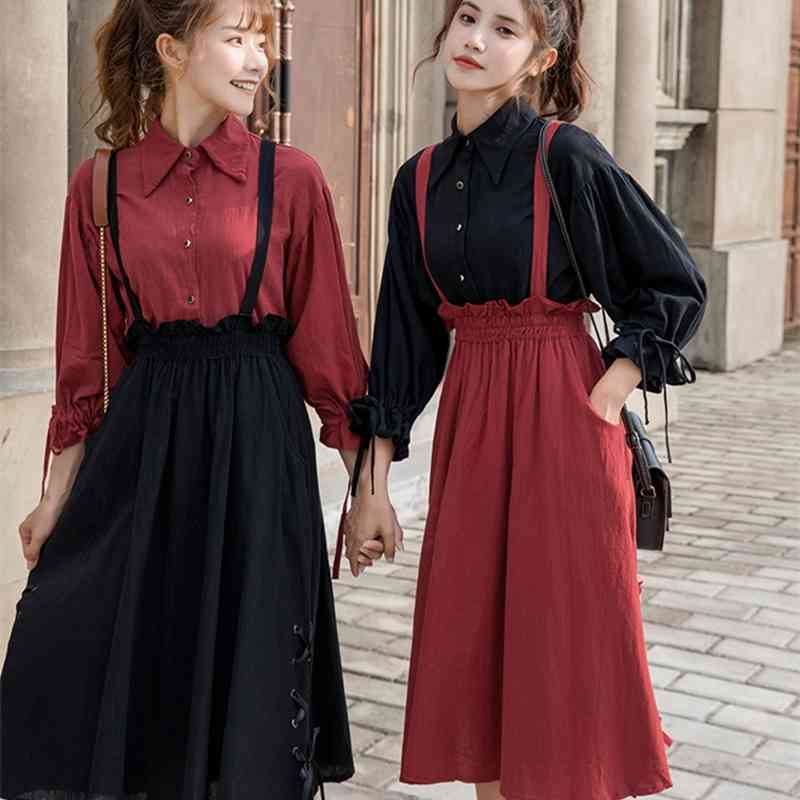 Two Piece Dress Vintage Sleeve Shirt and Lace-Up Suspender Skirt 2 Set Cute Outfits for Women Cotton Linen Plus Size Sets TARN-image-702857500