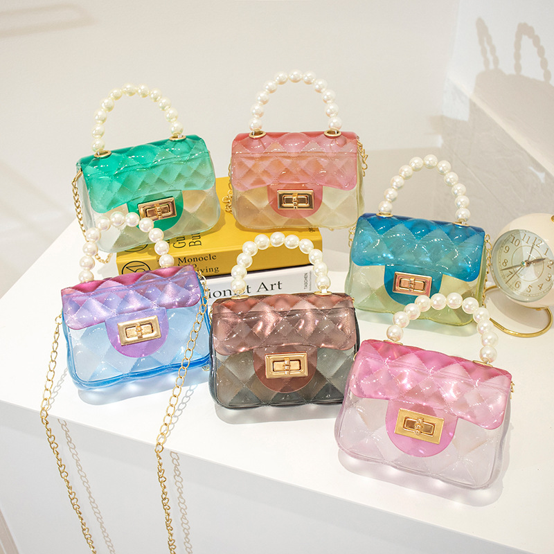 

baby girls pearl mini handbags kids cute candy colors transparent chain one shoulder jelly bag children rhombus princess messenger bags F489, Yellow