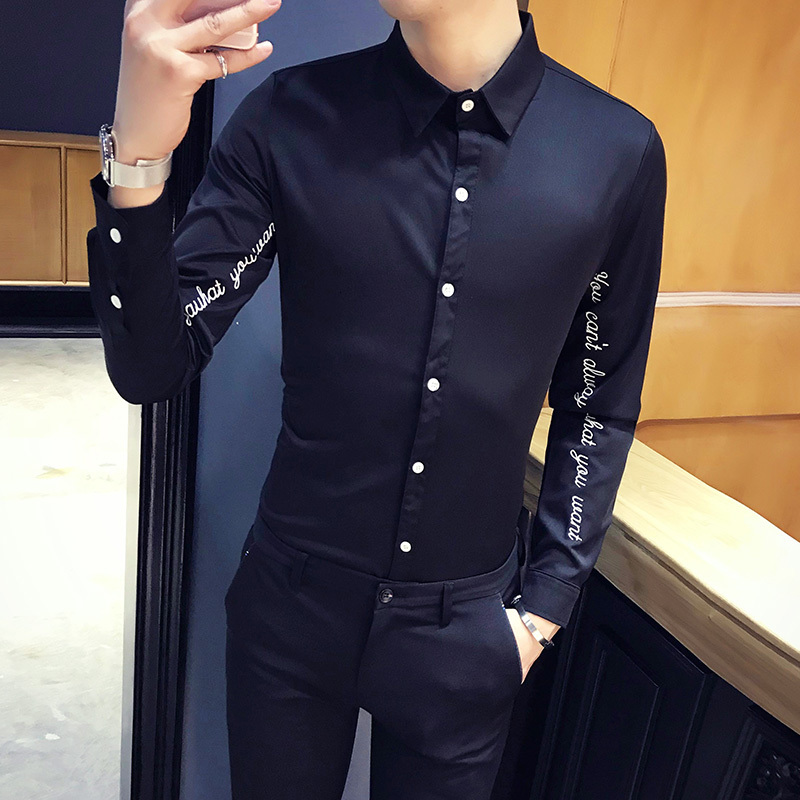 

New Preto/branco Simples Carta Bordado Manga Longa Camisas De Para Roupas Masculinas 2021 Magro Ajuste Casual Vestido Blusa Homme Venda Quen, White