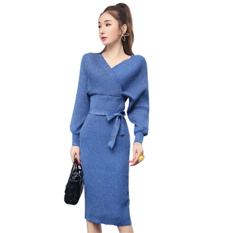 

Autumn Winter Women Dress Loose Knitting High Waist Bottoming Elasticity Lace Up Pleated 210603, Picture color