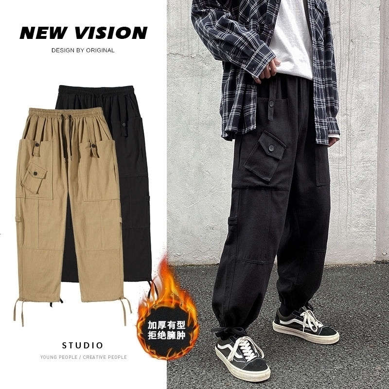 

2021 New Winter Thick Cargo Men's Fashion Retro Multi-pocket Casual Pants Men Streetwear Loose Hip-hop Straight Trousers Mens -5xl Uf1l, Khaki