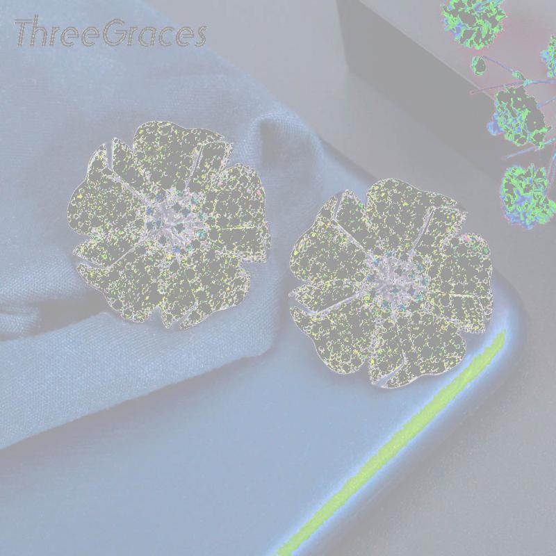 

Stud ThreeGraces Fashion Big Purple Flower Earrings For Women + Cubic Zirconia Black Gold Color Wedding Party Jewelry ER636, Golden;silver