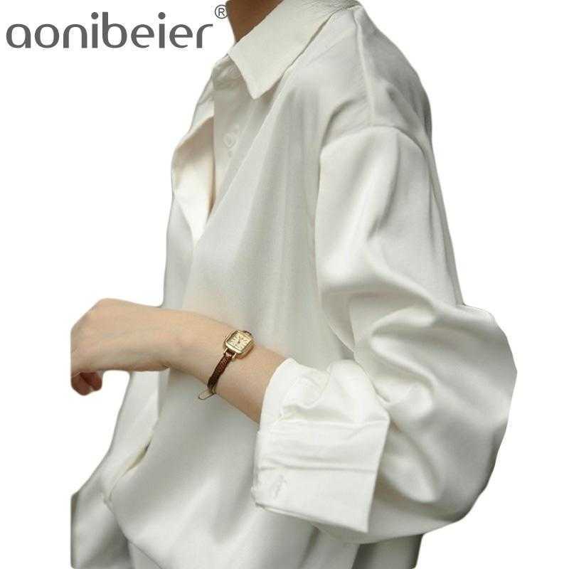 

Elegant Office Lady Satin Spring Autumn Turn Down Collar Long Sleeve Women Blouses Button Shirt Plus Size 210604, Grey