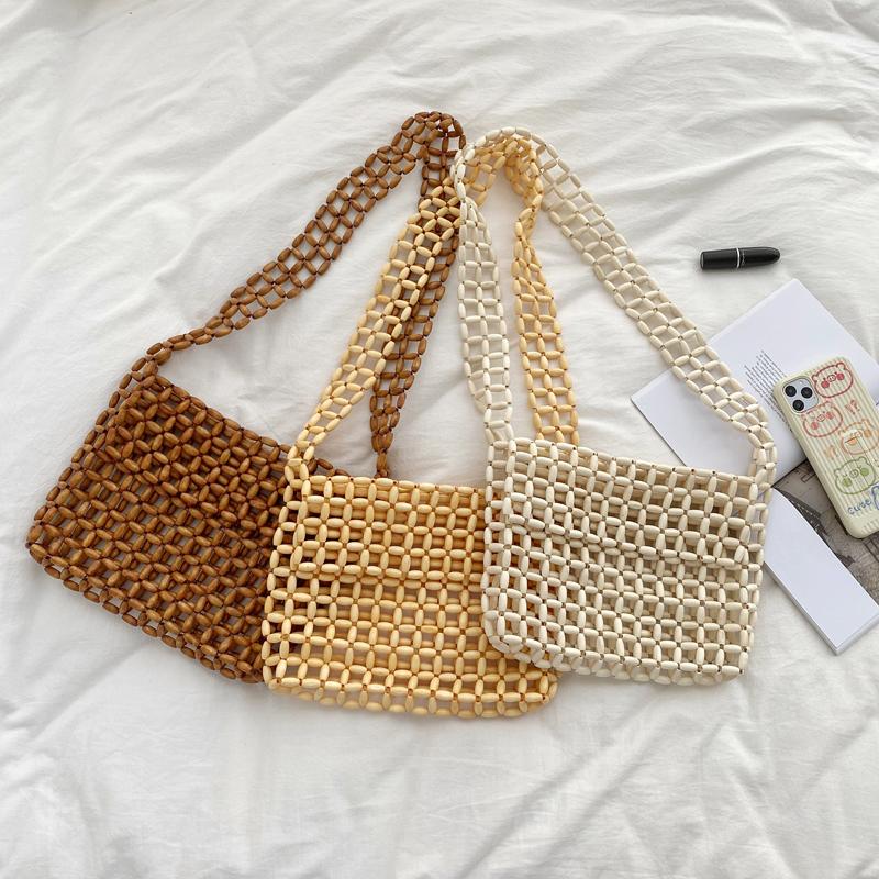 

Women Small Beaded Bags Knitting Wooden Designer Cover Flap Bag Hollow Out Lady Shoulder Bag Crossbody Phone Whole Sale, Beige