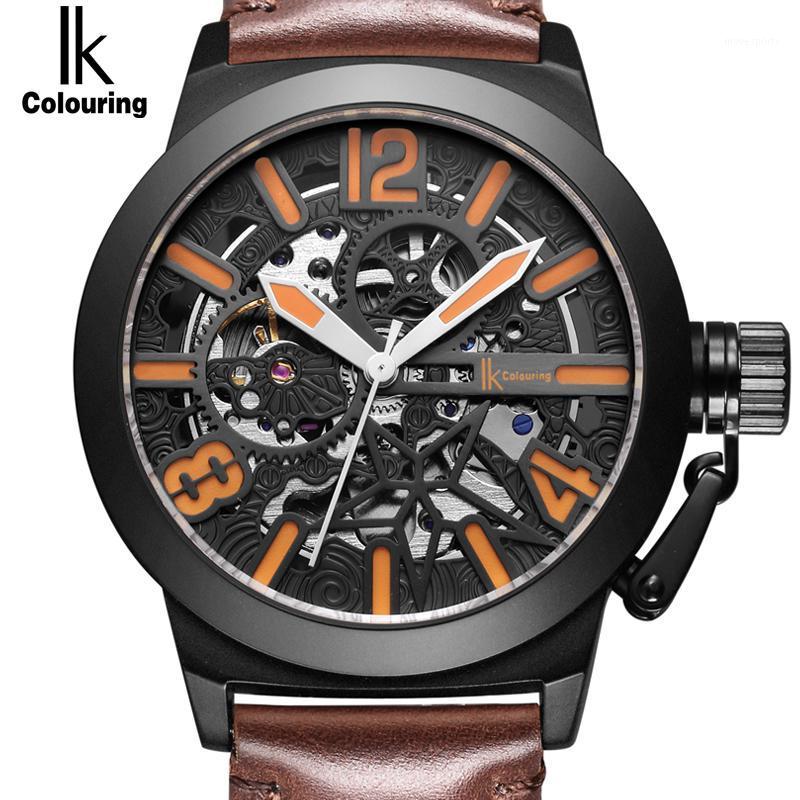 

Colouring Brand Automatic Men Military Watch Skeleton Steampunk Army Leather Band Mechanical Analog Relogio Masculino Wristwatches, Coffee black orange