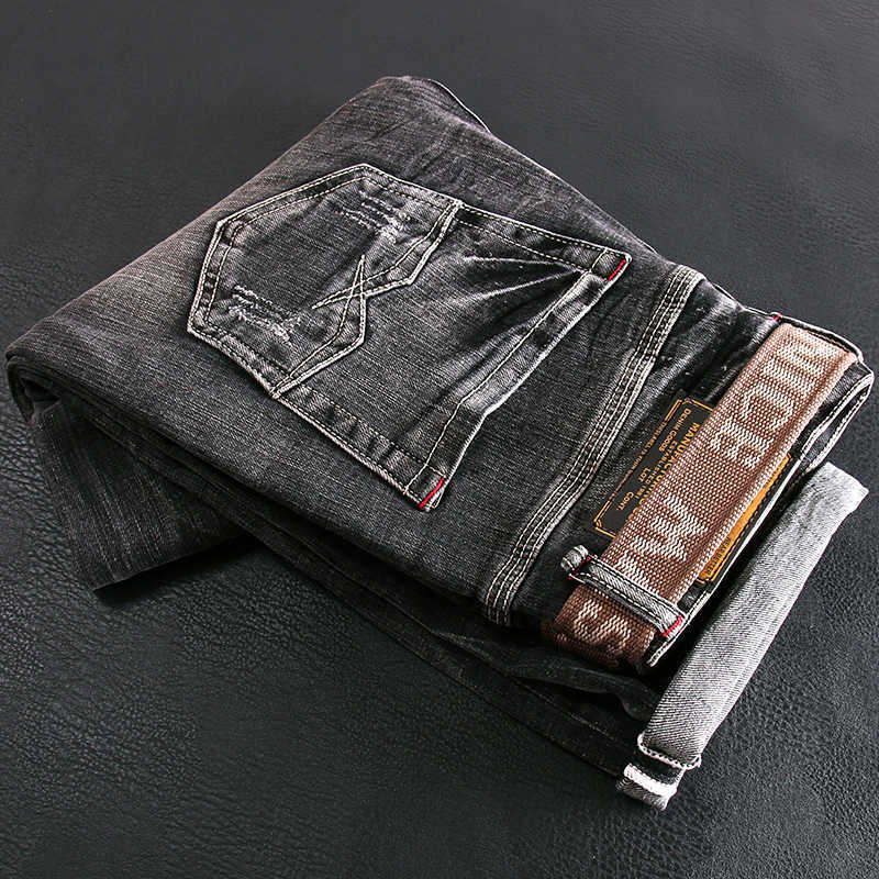 

Italian Vintage Fashion Men Jeans Retro Black Gray Elastic Slim Fit Ripped Frayed Scratch Designer Casual Denim Pants