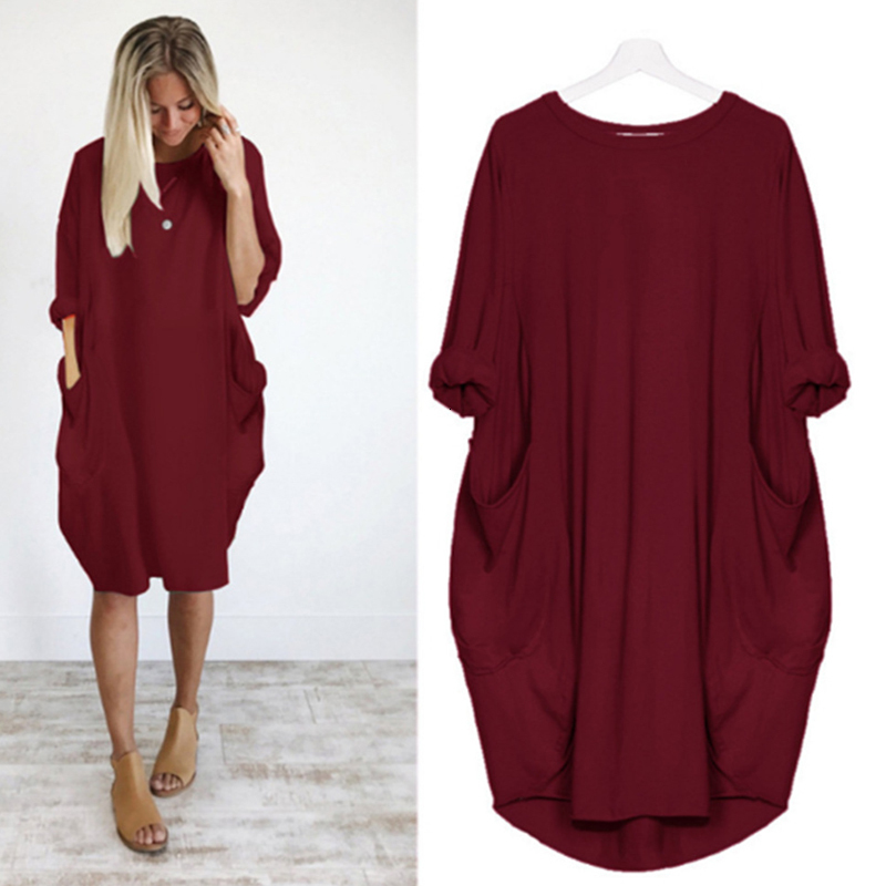 

New 2021 Spring Women o Neck Loose Party Long Sleeve Mini Red Casual Solid Beach Es Plus Size 5xl Gdtz, Army green