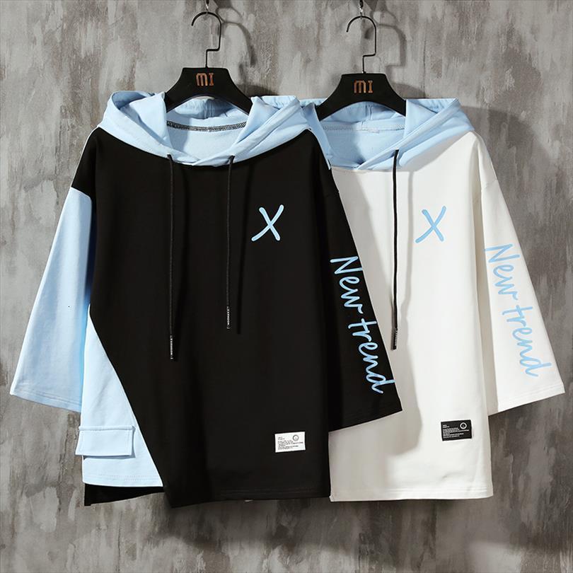 

half sleeve hoodies sweatshirts hooded mens t shirts casual male lace up big x print, White;black