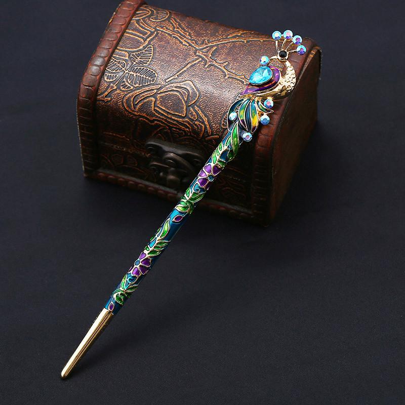 

Hair Clips & Barrettes Retro Women Enamel Crystal Peacock Stick Hairpin Chinese Style Handmade Accessories