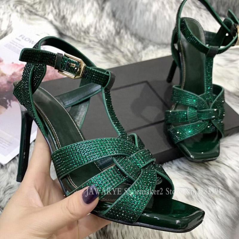 

Dress Shoes Green Crystal Diamond High Heel Party Sandals Sexy Woven Leather Buckle Strap Women Rome Summer Blingbling Bride, Black