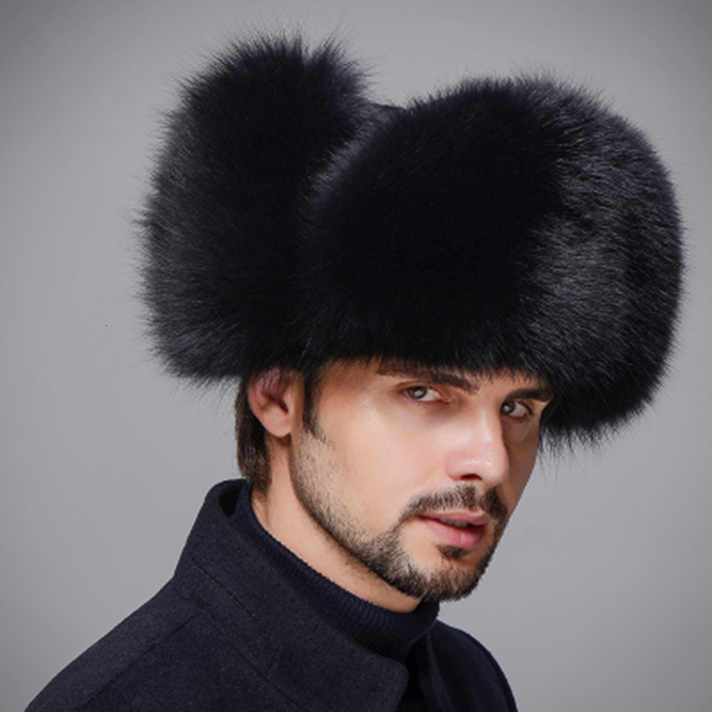 

Winter Unisex Genuine Fox Fur Hat Real Raccoon Fur Bomber Hat With Nature Leather Crown Thick Warm Fur Cap Russian Hat, Black