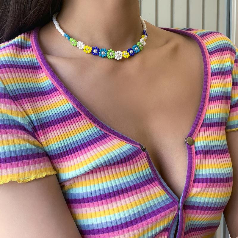 

Chokers Origin Summer Bohemian Candy Color Beaded Flowers Choker Necklaces For Women Rainbow Beading Floral Necklace Beach Acceesories