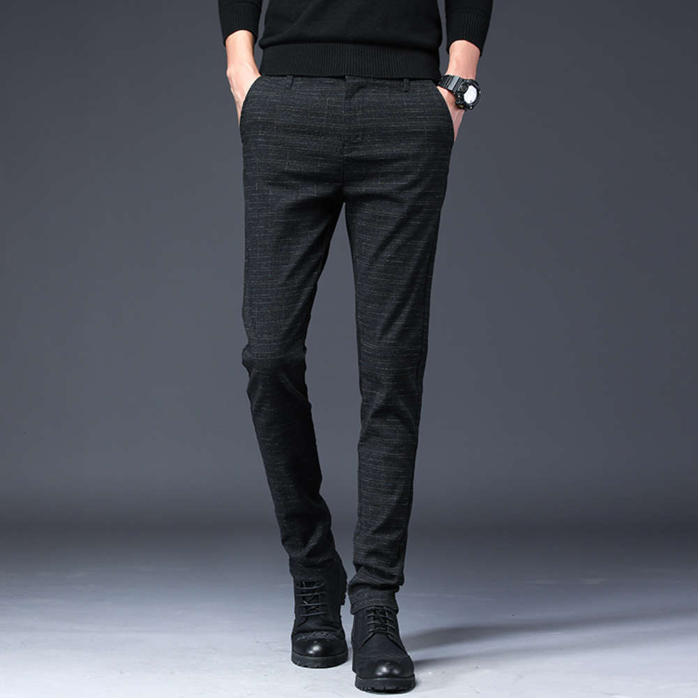 

Winter casual black small foot plaid elastic cotton linen pants men's