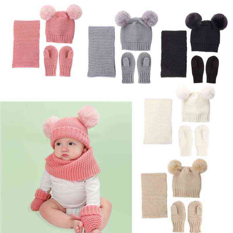 

Baby Kids Winter Hat Scarf and Gloves 3pcs/set Girls Knitted Warm Beanie Cap with Neckerchief Circle Loop Crochet