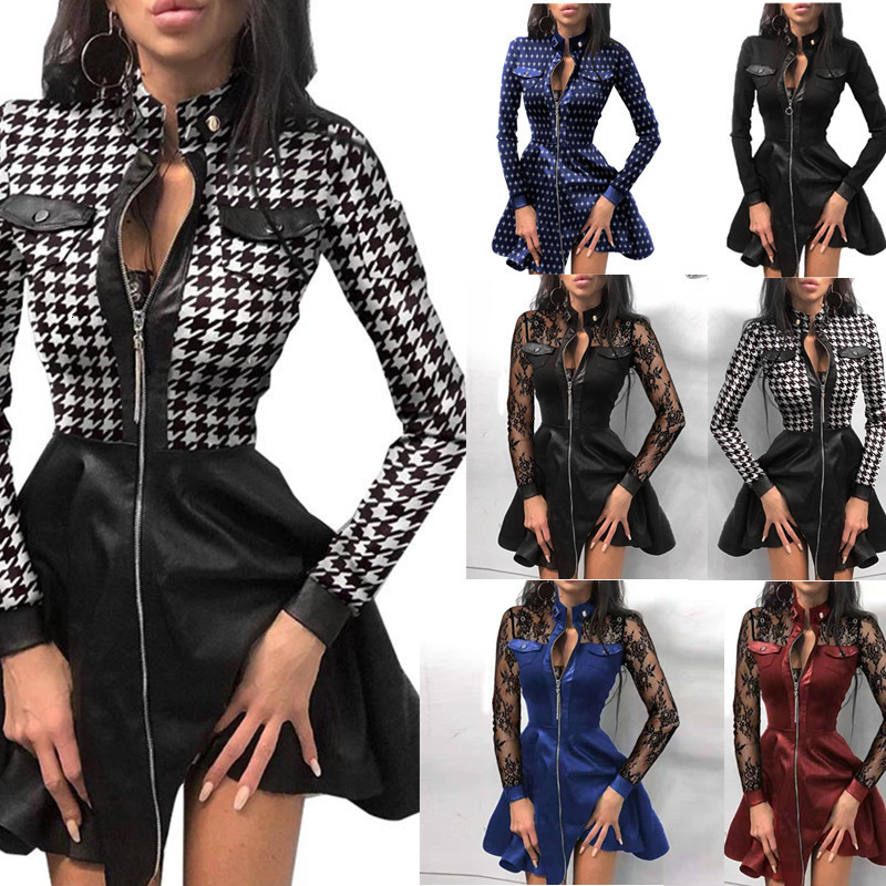 

2021 New Autumn and Winter Long-sleeve V-neck Zipper Pu Pocket Short Lace Sexy Printed Women' Clothing Xagv, Black
