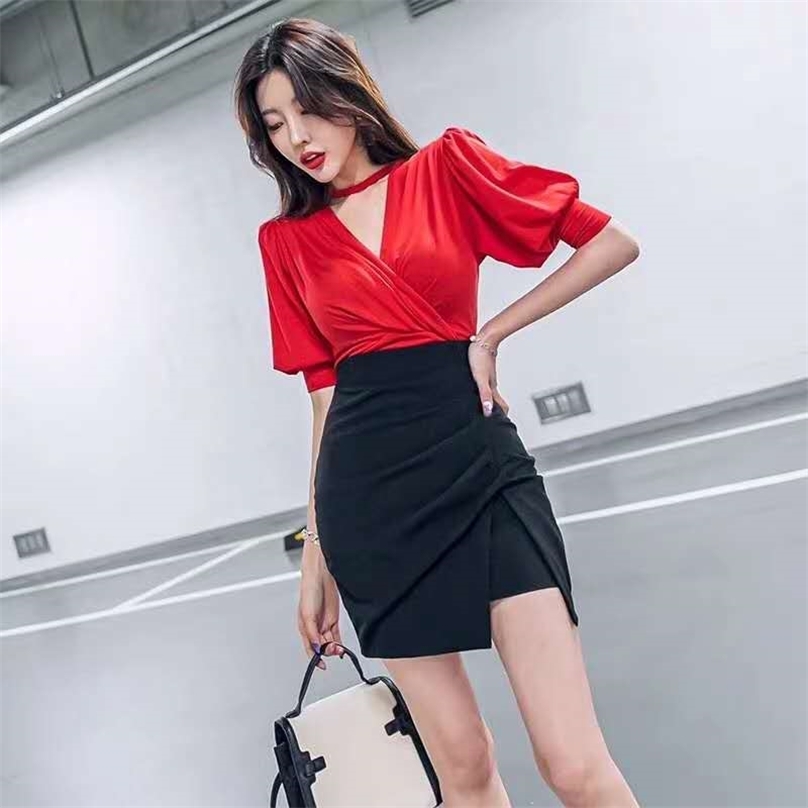 

summer style korean fashion spliced skirt hang lantern sleeve irregularity thin office party foy women dresses 210602, Khaki