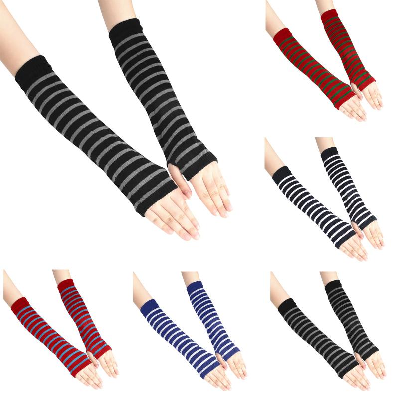 

Five Fingers Gloves Fashion Women Lady Striped Elbow Warmer Knitted Long Fingerless Mittens Christmas Accessories Gift 15 Color, Blue;gray