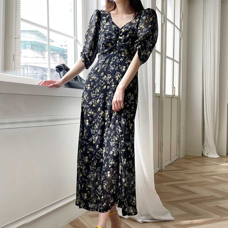 

Korean Chic Retro Boho Dress Summer Sweet Floral Print Women' Ruched V-Neck Chiffon Long Dresses Vestidos 210526, Black