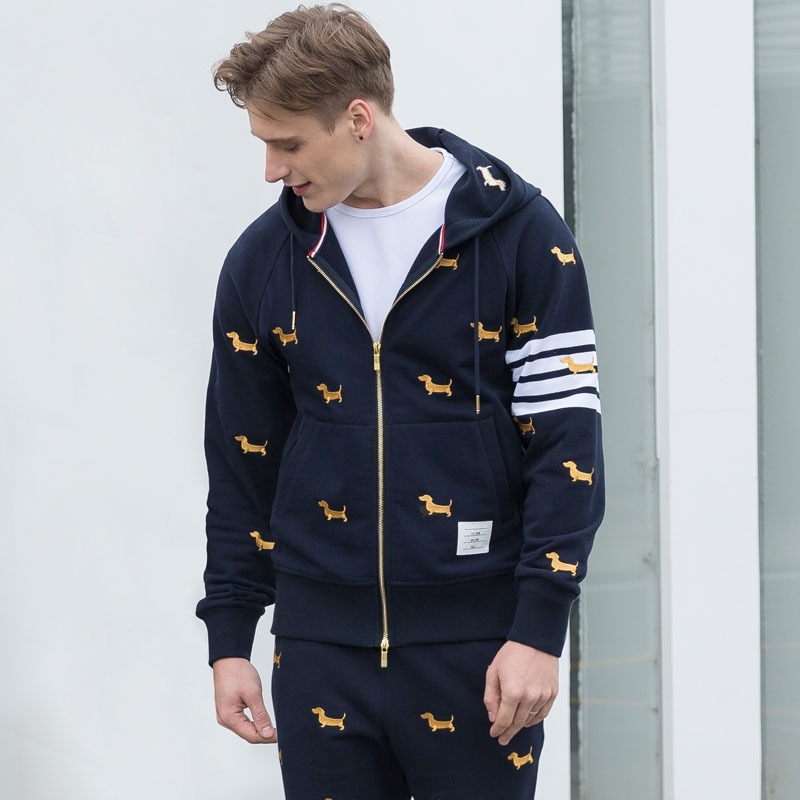 

Yarn dyed Dog Embroidery spring and autumn new zipper jacket TB Thom sweater men's fashion casual, Black