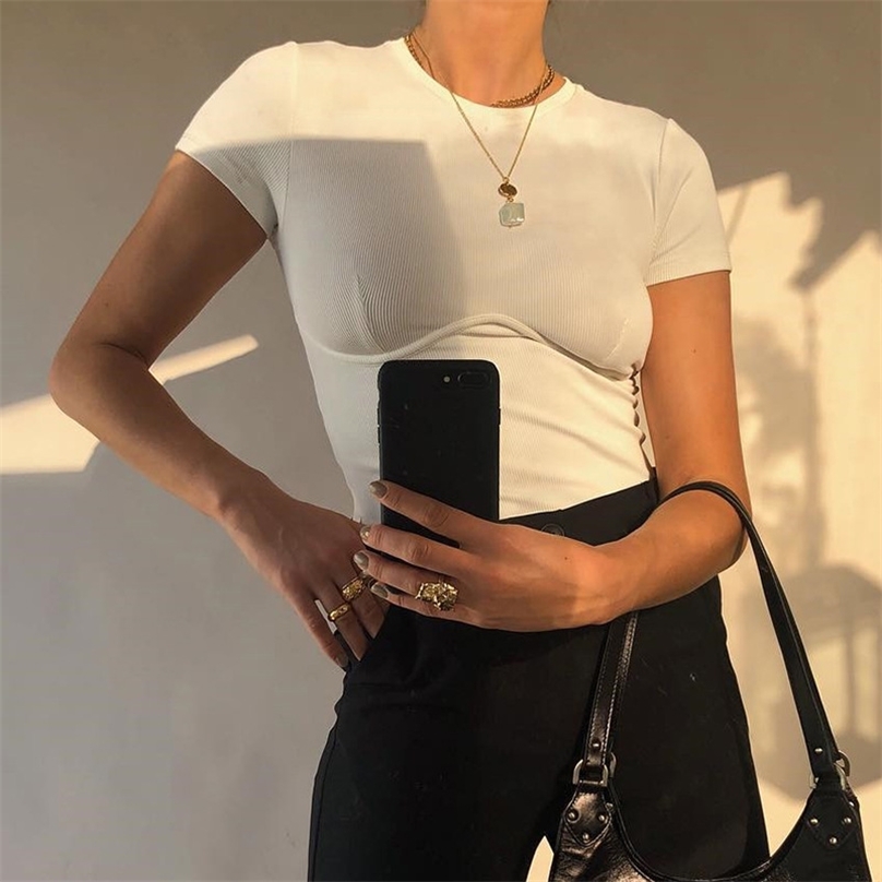 

Casual Basic White Crop Top T Shirt Elegant Short Sleeve Woman Tshirt High Street Cotton Tshirts Women Summer 210607