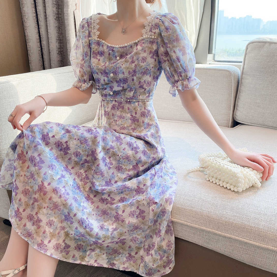

Women Summer Vintage Designer Beading Square Collar Puff Sleeve Purple Flower Chiffon Elegant Dress Female Vestidos De Mujer 210526, Photo color