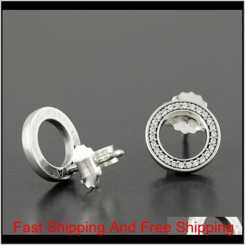 

New Authentic 925 Sterling Silver Circle Stud Earring With Original Box Set For Pandora Cz Diamond Women Fashion Earrings Hpp2Z Vaqhh, Golden;silver