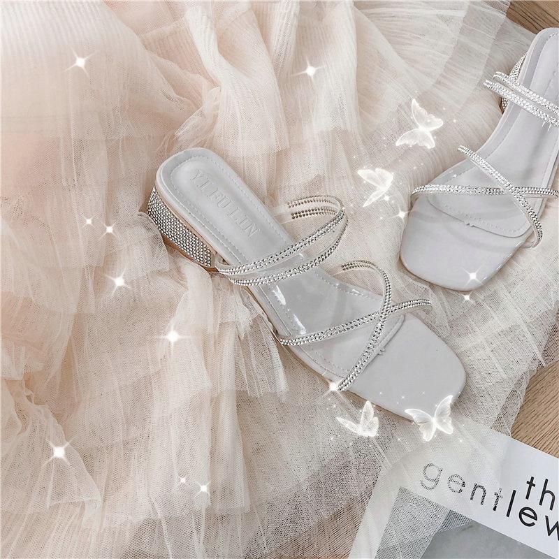 

Sandals 2021 Summer Rhinestone Female Open-toe Mid-heel Thick Heel Wear Slippers Fairy Style Roman Slipper, Beige