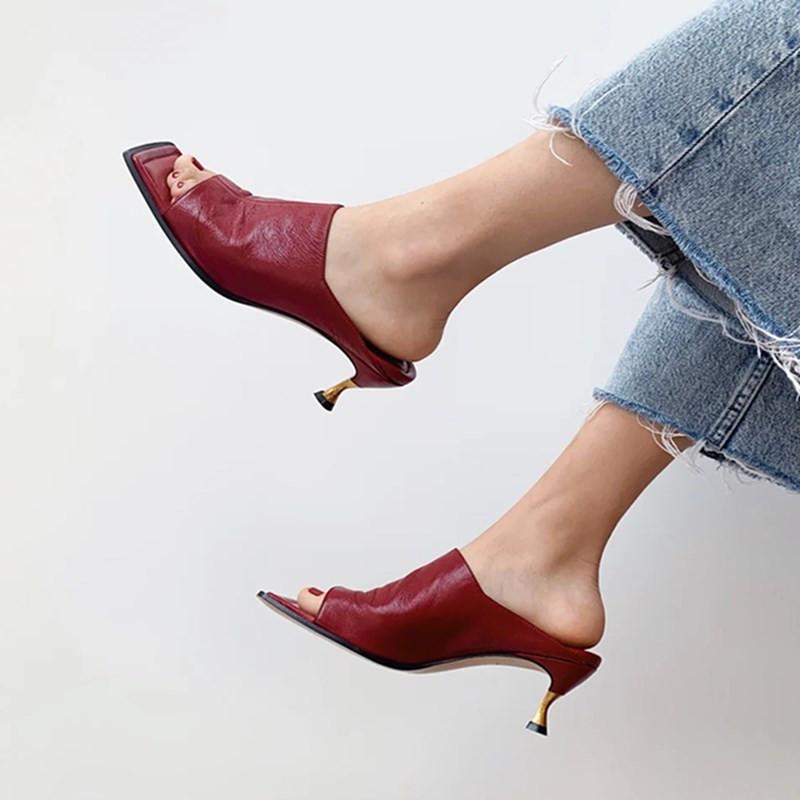 

Square Toe Leather High Heels Sandals New Chic Luxury Sexy Runway Party Women Shoes Solid Color Fashion Summer Beach Slippers, Black