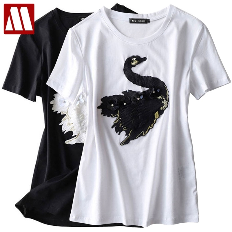

New Fashion Cute Swan Embroidery T Shirt Women Brand T-shirt Casual Loose Short Sleeve O Neck Female Swan Animal Tops Tee 210317, V-black-white