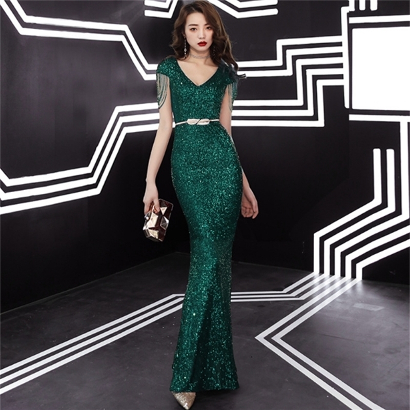 

2021 New Navy Blue/gold/green/burgundy Sequins Long Evening Es V-neck Cap Sleeves Prom Tassel Formal Gowns Vestidos De Gala Qu7a, Black