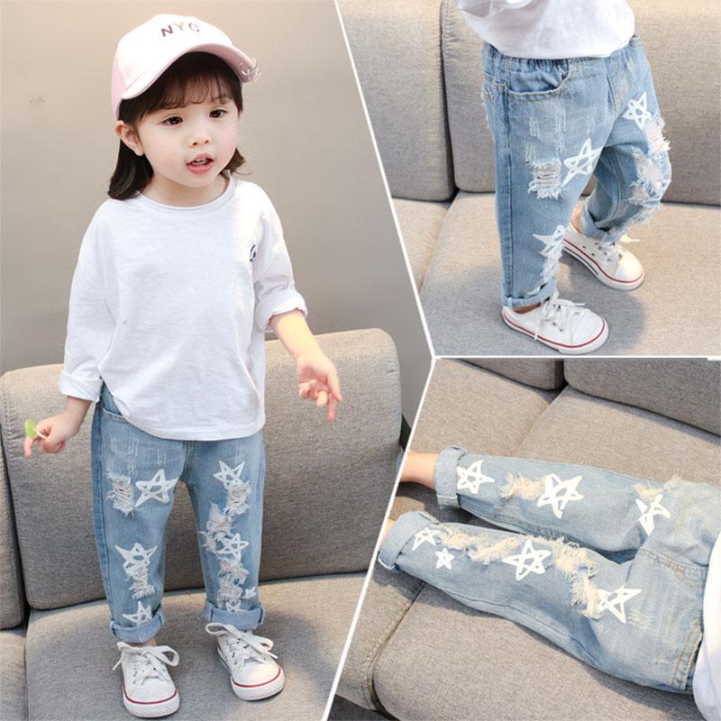 

Baby Girls Jeans Star Print Jeans Pants For Girls Elastic Waist Kids With Hole Autumn Novelty Clothes For Infant, Blue