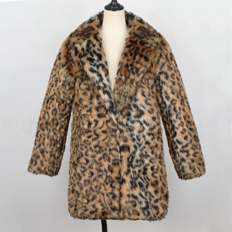 

Women' Fur & Faux F0244 European And American Autumn Winter Suit Collar Leopard Print Overcoat Long Sleeve Plush Coat