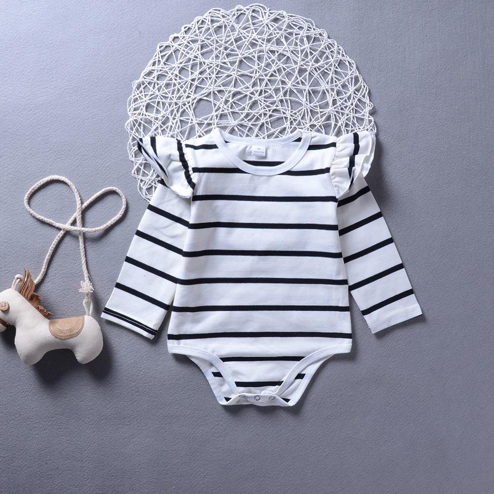 

2021 New Spring Autumn Newborn Infant Baby Girls Bodysuit Striped Ruffles Cotton Children Kids Long Sleeve Jumpsuit Playsuit Znry, White