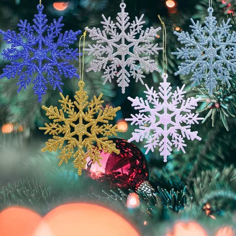 

Christmas Decorations 6pcs 10cm Plastic Gold Silver Glitter Powder Snowflake Xmas Ornaments Pendant Tree Decorative Hanging