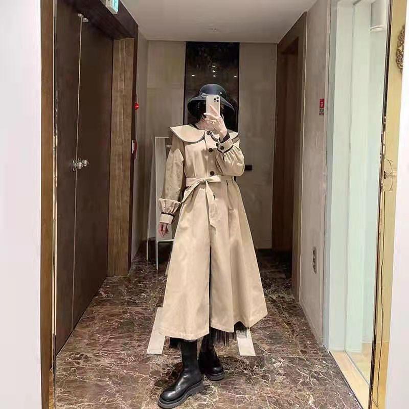 

Women' Trench Coats 2021 Autumn And Winter Collar College Style Color Matching Tie Waist Temperament Long Women Coat, Khaki