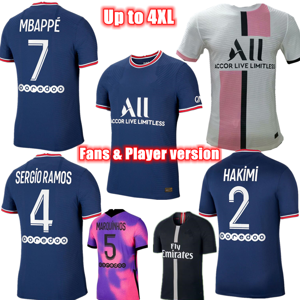 

MBAPPE SERGIO RAMO Paris Player version soccer jerseys 2021-22 VERRATTI HAKIMI MARQUINHOS KIMPEMBE football shirts 4th purple 18 19 Black & white kit Men+ kids, Cup printing fan version