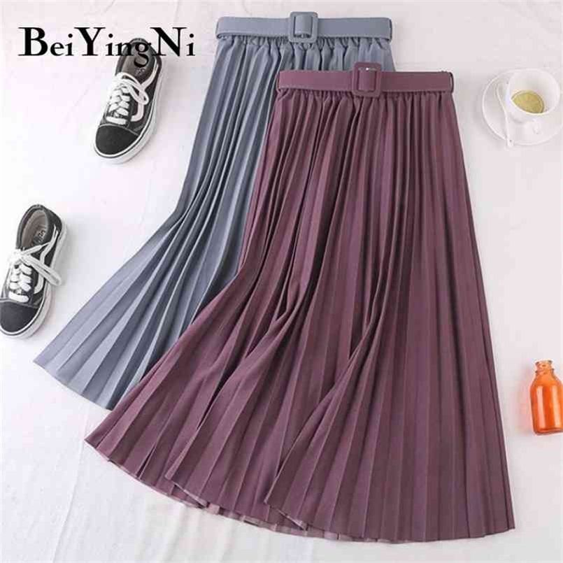 

Beiyingni Autumn Summer Women Skirt Midi With Belt Pleated Female Skirts Casual Luxury Korean Faldas Ladies Saias Chic Jupe 210702, Pink tulle